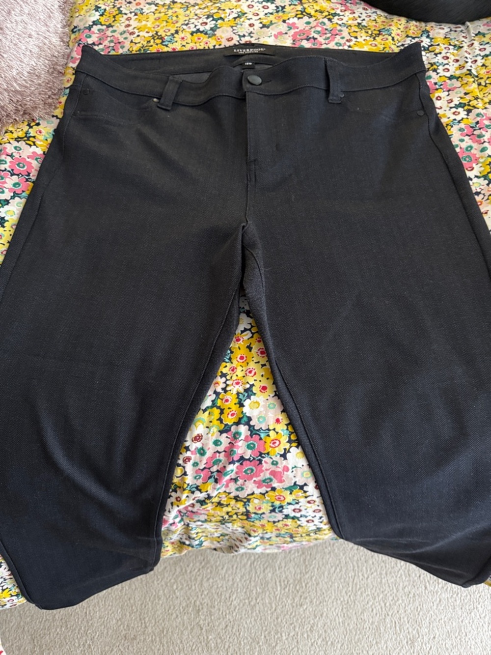 Liverpool Black Herringbone Ponte Pants with Floral Lining